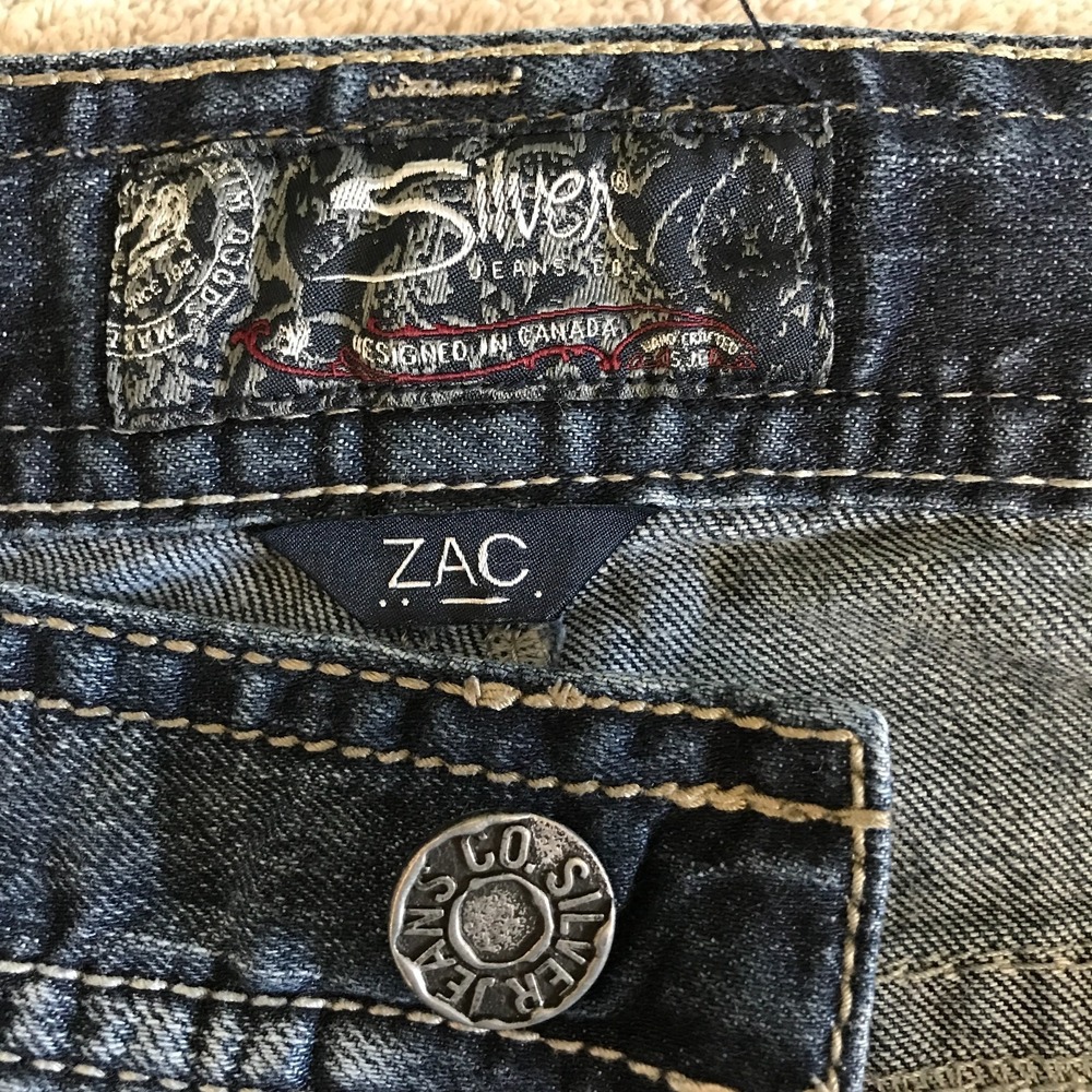 Silver Jeans Mens 42x32 (42x29) Zac Relaxed Straight Leg Stretch Blue Dark Denim - Picture 10 of 16